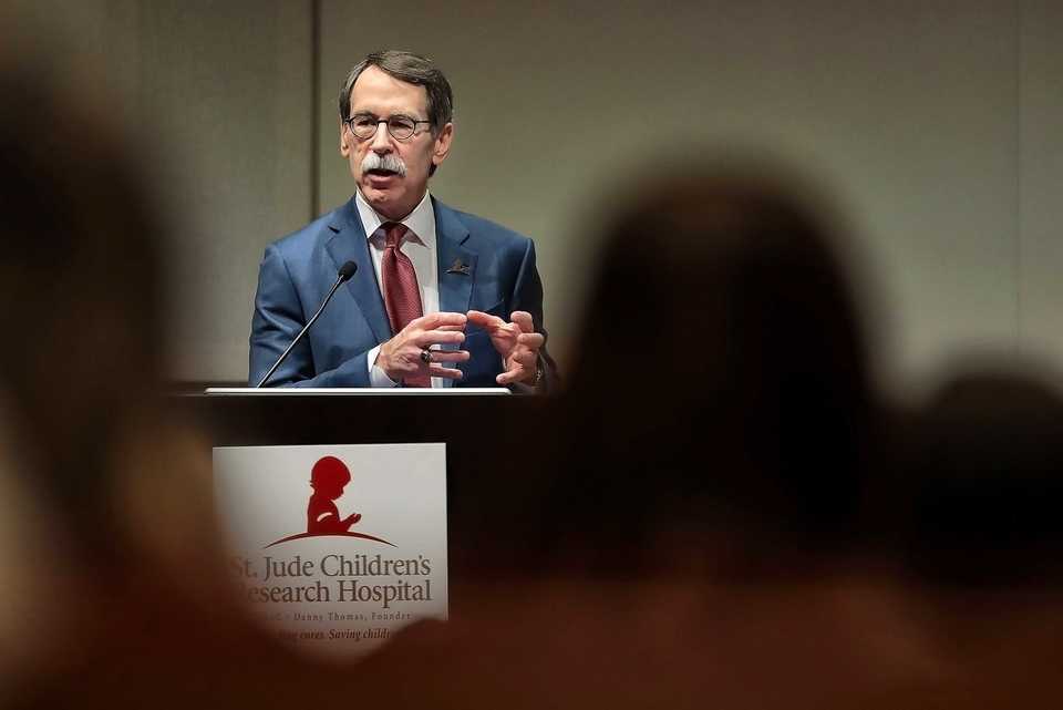 <strong>St. Jude CEO Dr. James Downing addresses a full house at the Marlo Thomas Center during the inaugural St. Jude Global Alliance meeting. The event, which began on Dec. 6, 2018, at St. Jude Children's Research Hospital, brought together&nbsp;health care professionals from 50 countries to discuss pediatric cancer care around the world.</strong> (Jim Weber/Daily Memphian)