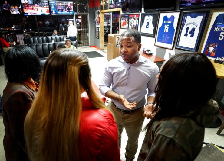 <strong>Corey Strong talks with constituents during his petition-signing party on Feb. 10 at Ching's Wings. Strong,&nbsp;a former Shelby County Democratic Party chairman, is challenging U.S. Rep. Steve Cohen in the Aug. 6 Democratic primary.</strong> (Mark Weber/Daily Memphian file)