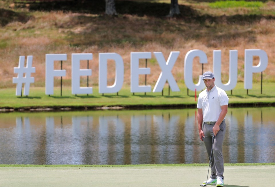 <strong>Jon Rahm lines up his putt on the 15th hole during the second day day of the WGC-FedEx St. Jude Invitational at TPC Southwind in Memphis Thursday, July 30, 2020.</strong> (Patrick Lantrip/Daily Memphian)