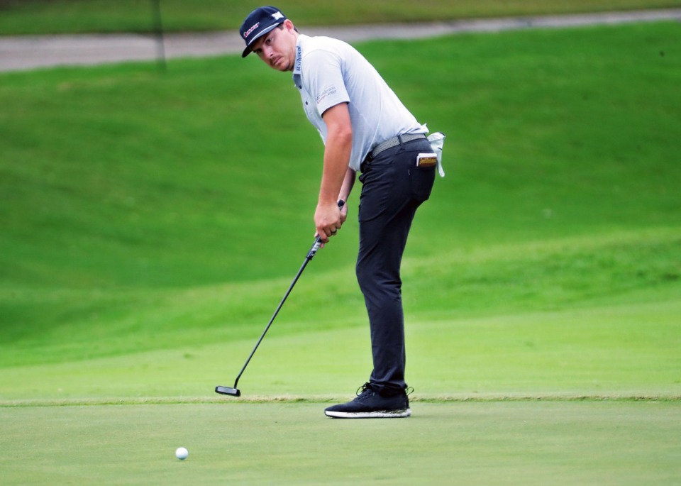 <strong>Joel Dahmen eyes a putt on the 18th green during the third round of the WGC-FedEx St. Jude Invitational in Memphis, Tennessee, Aug. 1, 2020.</strong> (Patrick Lantrip/Daily Memphian)