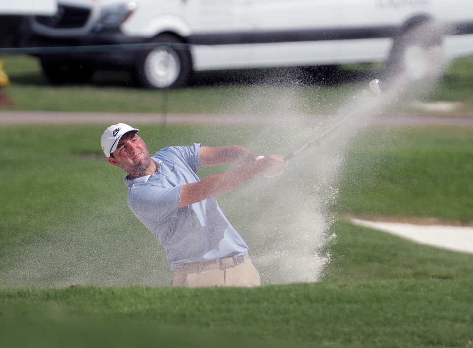 <strong>Scottie Scheffler hits out of a bunker on the 18th hole during the final round of the WGC-FedEx St. Jude Invitational in Memphis, Tennessee Aug. 2, 2020.</strong> (Patrick Lantrip/Daily Memphian)