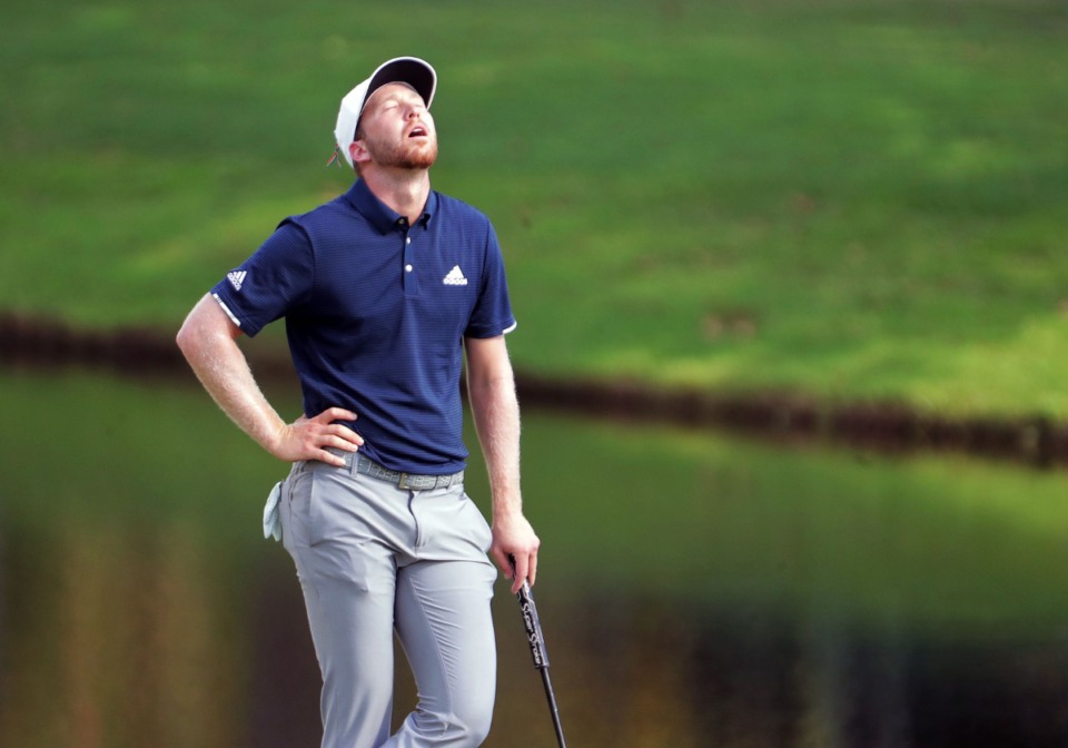 <strong>Daniel Berger sighs after making a bogey on the 18th hole that would have ended his day with a share of the lead during the final round of the WGC-FedEx St. Jude Invitational in Memphis, Tennessee Aug. 2, 2020.</strong> (Patrick Lantrip/Daily Memphian)