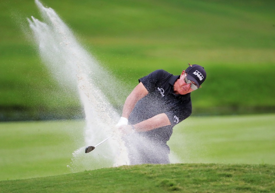 <strong>Phil Mickelson blasts out of a bunker on the third hole during the final round of the WGC-FedEx St. Jude Invitational in Memphis, Tennessee Aug. 2, 2020.</strong> (Patrick Lantrip/Daily Memphian)