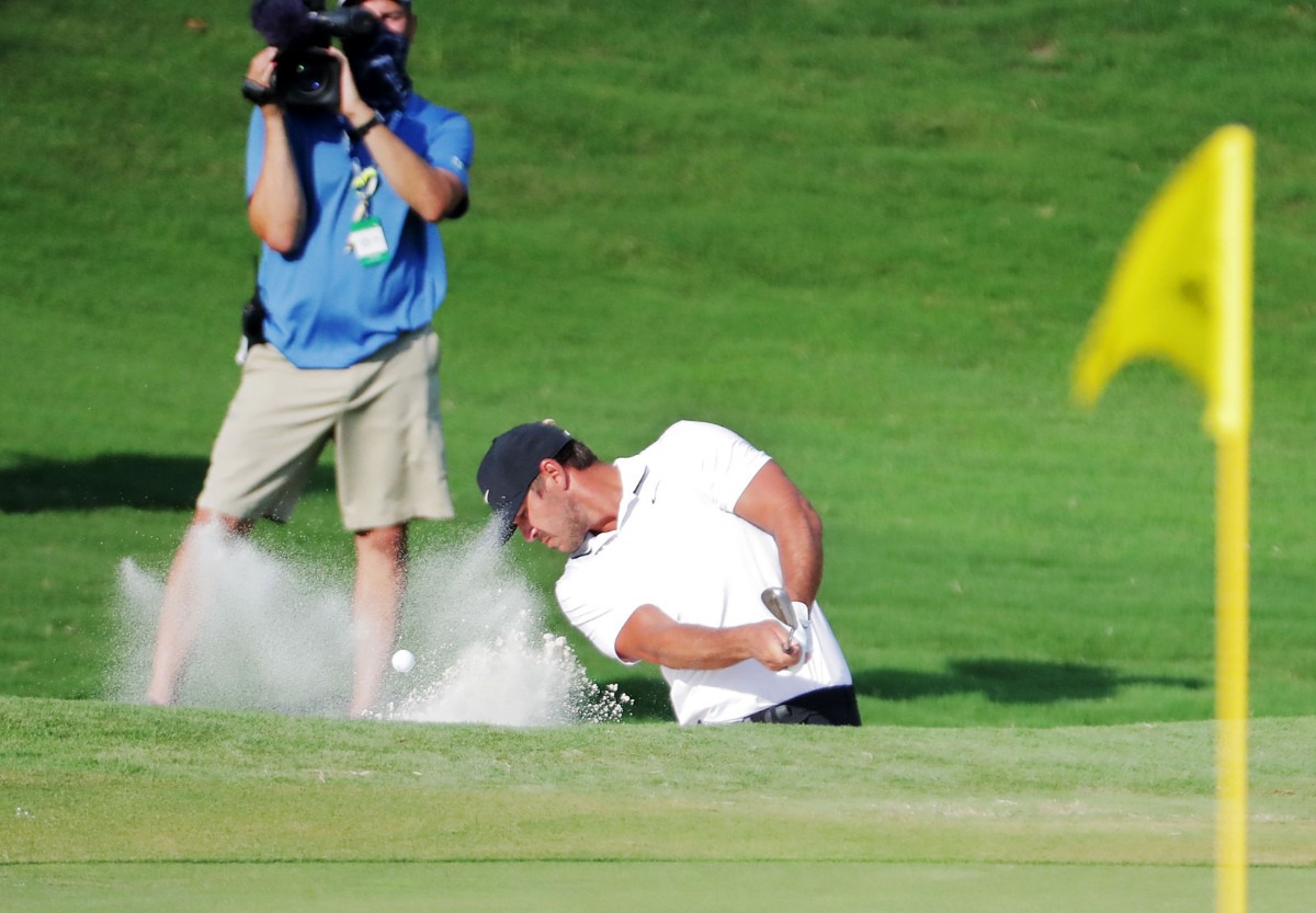<strong>Brooks Koepka hits out of a bunker on the 18th green during the final round of the WGC-FedEx St. Jude Invitational in Memphis, Tennessee Aug. 2, 2020.</strong> (Patrick Lantrip/Daily Memphian)
