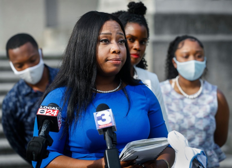 <strong>State Sen. Katrina Robinson speaks to the media at a press conference with her family and attorneys on the steps of the Judge D&rsquo;Army Bailey Courthouse on Wednesday, July 29. Robinson has been charged with theft and embezzlement involving government programs and wire fraud.</strong> (Mark Weber/Daily Memphian)