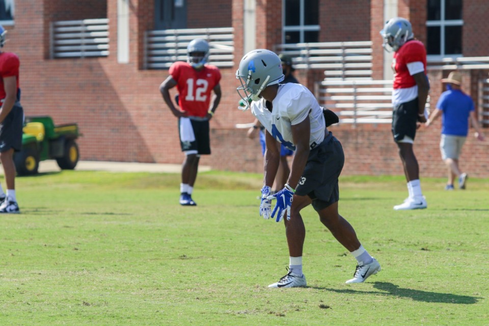 <strong>Calvin Austin (No. 4)&nbsp;&ldquo;had a phenomenal offseason,&rdquo; Tigers offensive coordinator Kenny Johns said.&nbsp;&ldquo;He brings a dynamic speed that not everyone else has, so we&rsquo;re excited about him in the receiver room.&rdquo;&nbsp;</strong>(Photo courtesy University of Memphis Athletic Department)