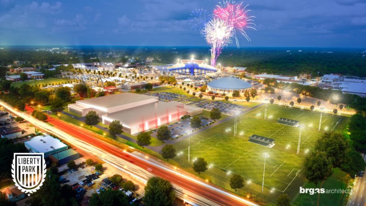 This rendering of Liberty Park/Fairgrounds looks to the northeast with the 277,000-square-foot Memphis Sports and Events Center fronting on East Parkway and athletic fields at the East Parkway and Southern Avenue corner. (Source: LibertyParkMemphis.com)