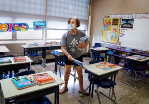 <strong>Nora McGowan, a teacher at Holy Rosary, readied her classroom on Wednesday, July 29, 2020.</strong> (Mark Weber/Daily Memphian file)