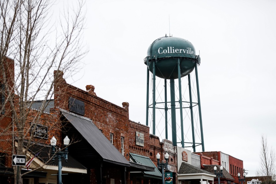 <strong>Collierville water tower stands in the town square on Monday, Feb. 17, 2020.</strong> (Mark Weber/Daily Memphian)