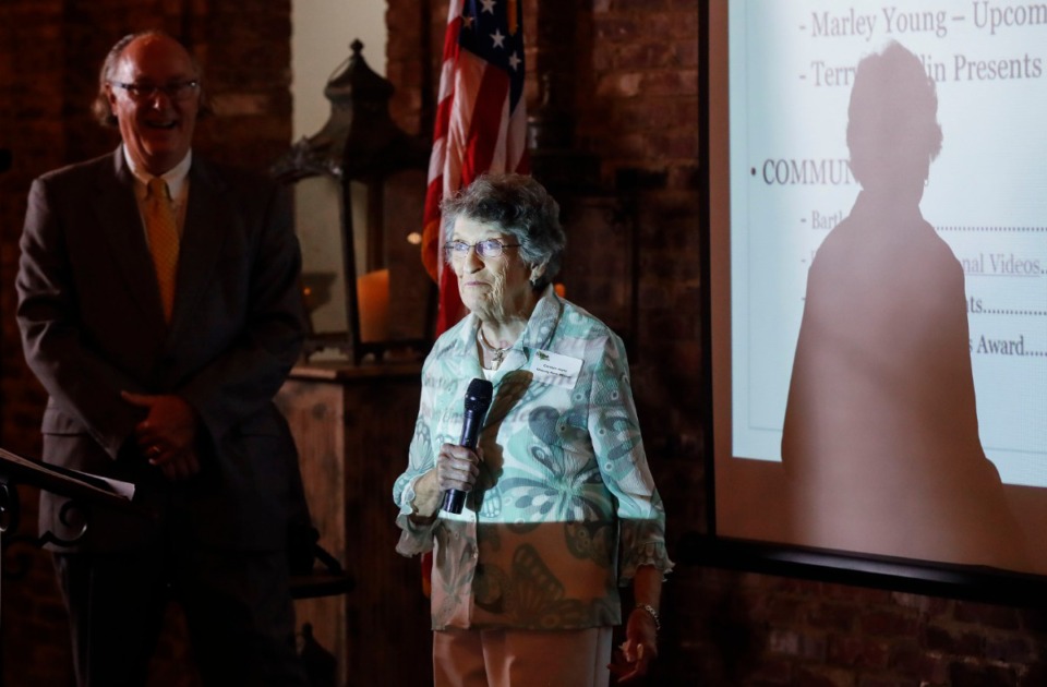 <strong>Carolyn Joynt accepts the Bartlett Area Chamber of Commerce&rsquo;s first Unsung Hero award on Thursday, Aug. 20. Joynt makes face masks and gives them to friends, family, neighbors and local organizations.</strong> (Mark Weber/Daily Memphian)