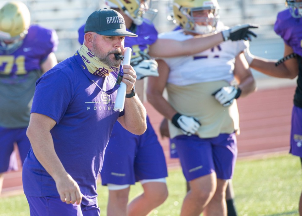 <strong>CBHS head football coach Thomas McDaniel blows a call dead while running drills during practice Monday, August 17, 2020.</strong> (Greg Campbell/Special to The Daily Memphian)