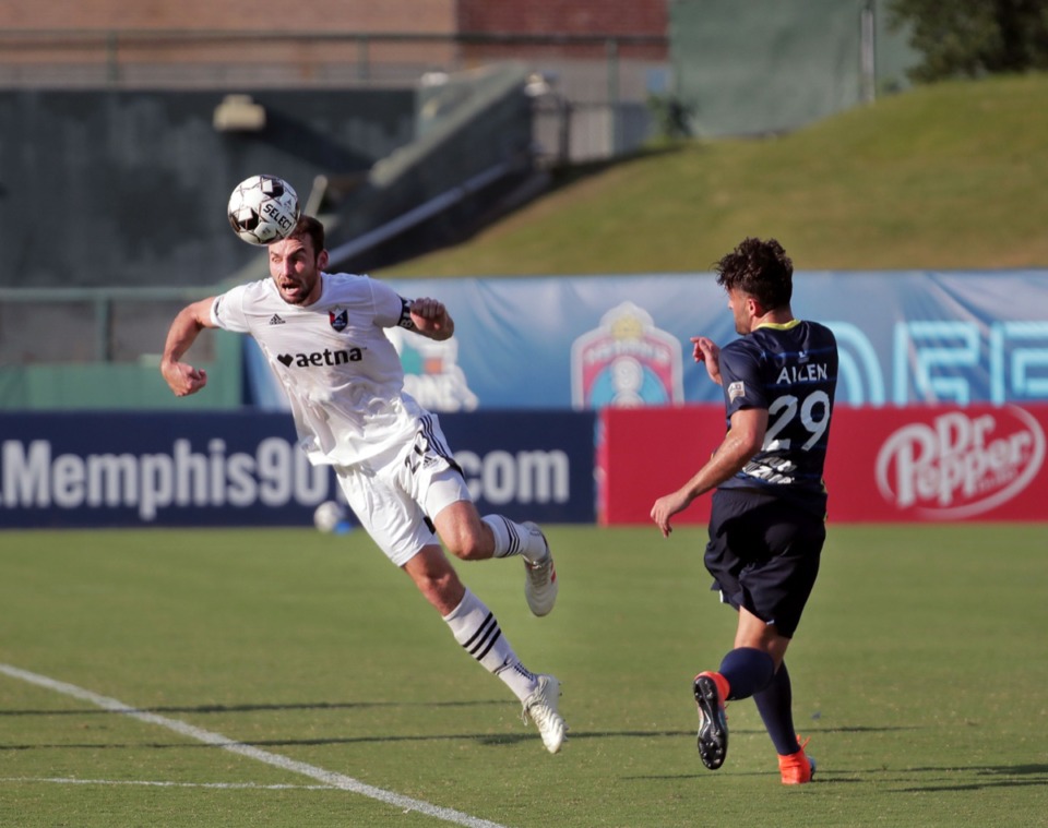 <strong>A North Carolina FC defender denies Memphis 901 FC forward Brandon Allen (29) the ball Aug. 8, 2020.&nbsp;&ldquo;We&rsquo;ve had very good, quality moments in every game,&rdquo; said coach Time Mulqueen. &ldquo;There&rsquo;s a lot of soccer still to be played and we&rsquo;re only four points out of the playoffs.&rdquo;</strong> (Patrick Lantrip/Daily Memphian)