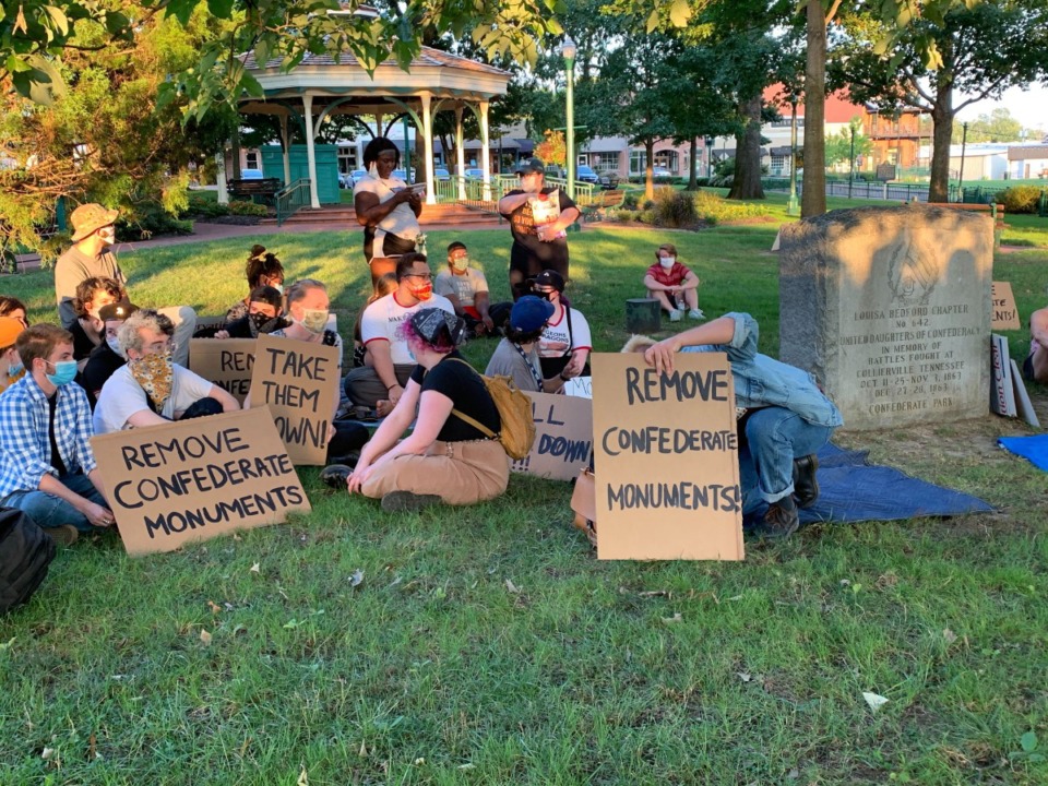 <strong>Protesters demonstrate Sunday, Aug. 9, 2020, at Collierville town square park.</strong> (Abigail Warren/Daily Memphian)