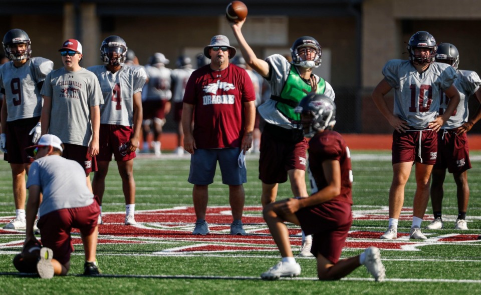 <strong>Collierville High School head coach Joe Rocconi (middle) watches his players during football practice on Wednesday, August 5, 2020.</strong> (Mark Weber/Daily Memphian)