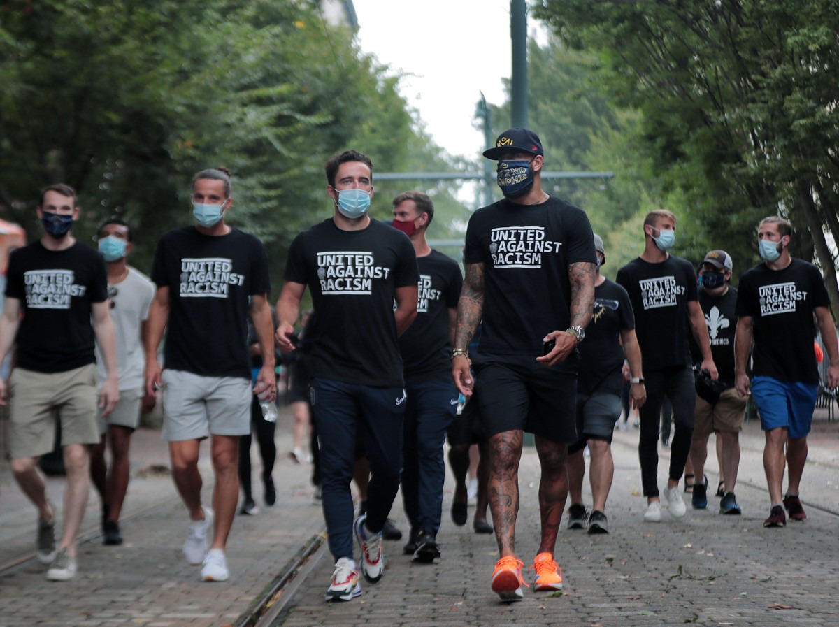 <strong>The Memphis 901 FC soccer team decided to forgo their Aug. 29, 2020 game against North Carolina FC to protest racial injustice. The team instead decided to walk from AutoZone Park to the National Civil Rights Museum.</strong> (Patrick Lantrip/Daily Memphian)