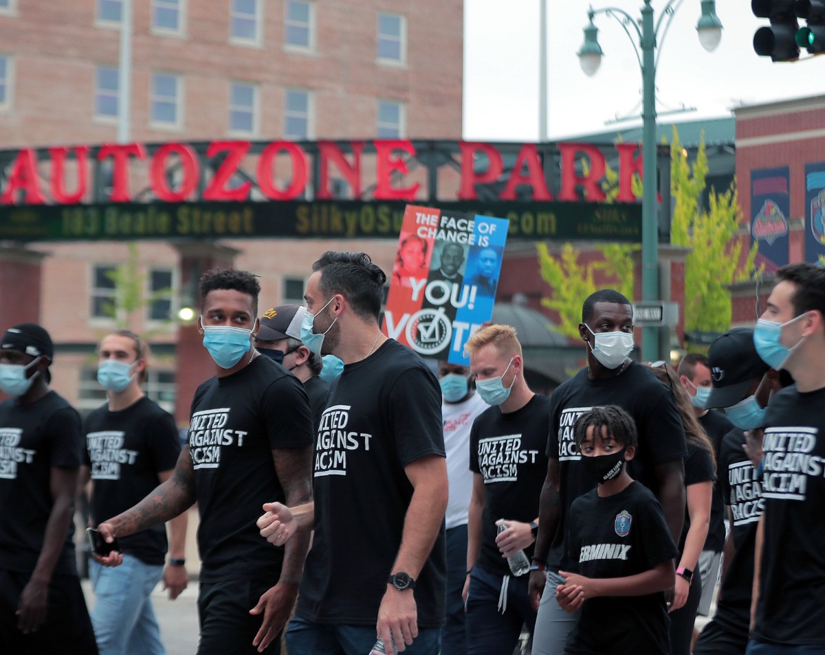 <strong>The Memphis 901 FC soccer team decided to forgo their Aug. 29, 2020 game against North Carolina FC to protest racial injustice. The team instead decided to walk from AutoZone Park to the National Civil Rights Museum.</strong>&nbsp;(Patrick Lantrip/Daily Memphian)