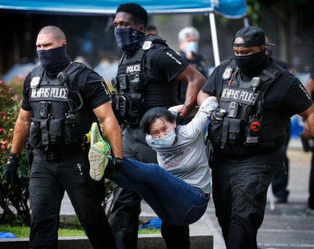 <strong>Police arrest a protester outside City Hall on Wednesday, July 1, 2020.</strong>(Mark Weber/Daily Memphian)