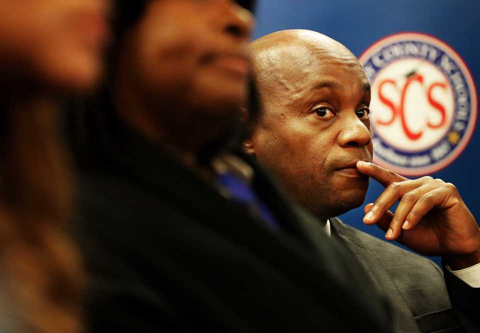 <strong>Shelby County Schools superintendent Dorsey Hopson announces his resignation at a Nov. 20, 2018, press conference. Hopson, who is leaving SCS next month to take a job with Cigna, has unveiled a plan to fold 28 schools into 10 new ones.</strong> (Houston Cofield/Daily Memphian file)