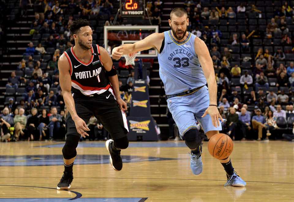 <span><strong>Memphis Grizzlies center Marc Gasol (33) drives against Portland Trail Blazers guard Evan Turner (1) in the first half of an NBA basketball game on Wednesday, Dec. 12, 2018, in Memphis, Tenn.</strong> (AP Photo/Brandon Dill)</span>