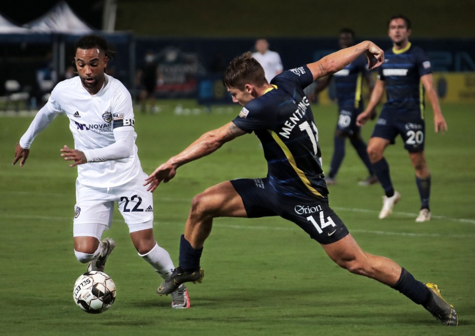 <strong>Memphis 901 FC midfielder Rafael Mentzingen (14) makes a run on goal during a home game at AutoZone Park against Charlotte Independence Sept. 2, 2020.</strong> (Patrick Lantirp/Daily Memphian)
