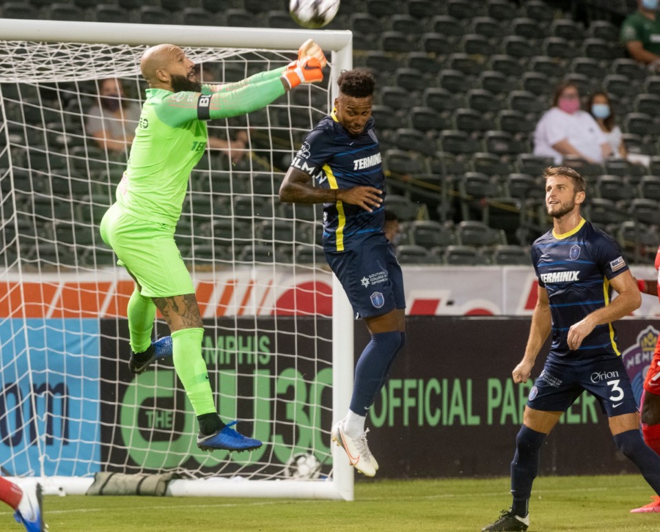 <strong>Memphis 910 FC goalie Tim Howard deflects a score attempt by Birmingham Legion as forward Keanu Marsh-Brown helps defend Saturday, September 5, 2020 at AutoZone Park. Memphis and Birmingham played to a 1-1 tie.</strong>(Greg Campbell/Special to Daily Memphian)