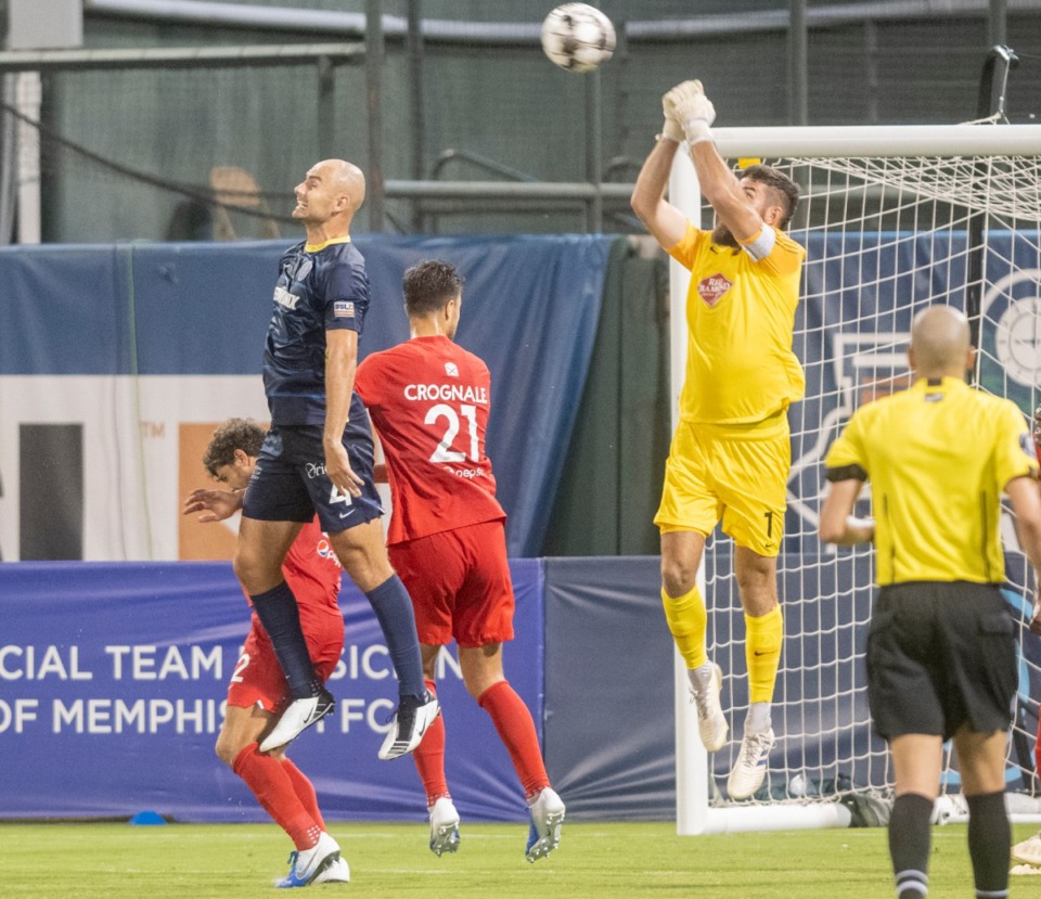 <strong>Memphis 901 FC&rsquo;s Liam Doyle&rsquo;s header is blocked by Birmingham Legion&rsquo;s goalie Matt Vanoekel Saturday, September 5, 2020 at AutoZone Park.</strong> (Greg Campbell/Special to Daily Memphian)