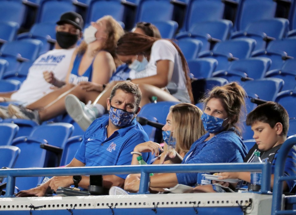 <strong>Tigers fans sit masked and socially distanced during the Tigers' home opener against Arkansas State at the Liberty Bowl Sept. 5, 2020.</strong> (Patrick Lantrip/Daily Memphian)