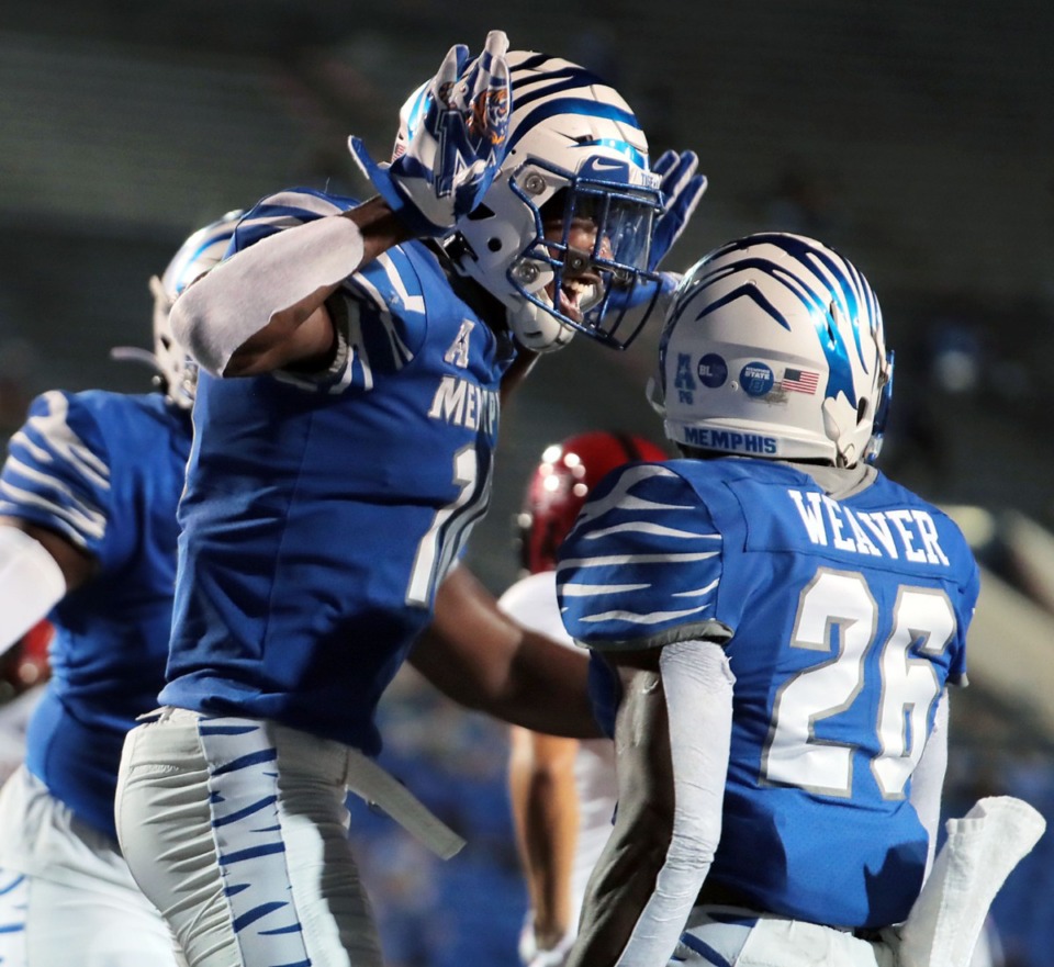 <strong>University of Memphis receiver Damante Coxie (10) celebrates with temmates after scoring a touchdown during the Tigers' home opener against Arkansas State at the Liberty Bowl Sept.5, 2020.</strong> (Patrick Lantrip/Daily Memphian)
