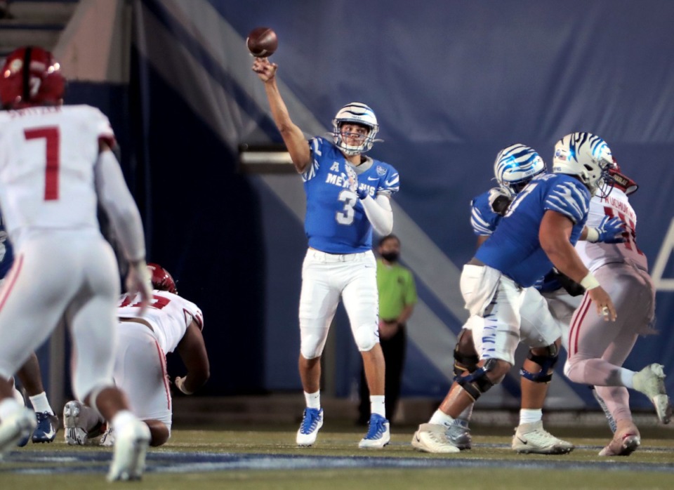 <strong>University of Memphis quarterback Brady White (3) throws a pass during the Tigers' home opener against Arkansas State at the Liberty Bowl Sept.5, 2020.</strong> (Patrick Lantrip/Daily Memphian)