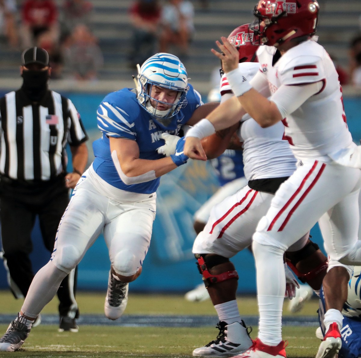 <strong>University of Memphis defensive end John Cartwright (95) rushes the passer during the Tigers' home opener against Arkansas State at the Liberty Bowl Sept. 5, 2020.</strong> (Patrick Lantrip/Daily Memphian)
