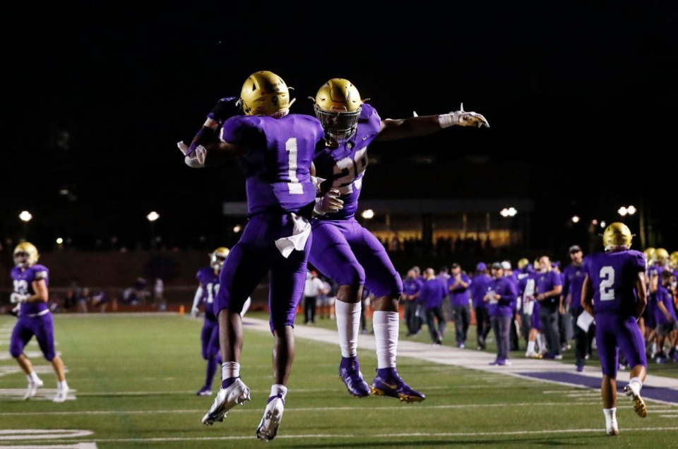 <strong>CBHS running back Dallan Hayden (left) celebrates a touchdown with teammate Branden Barnes (right) during action against MUS on Friday, Sept. 4, 2020. </strong>(Mark Weber/Daily Memphian)