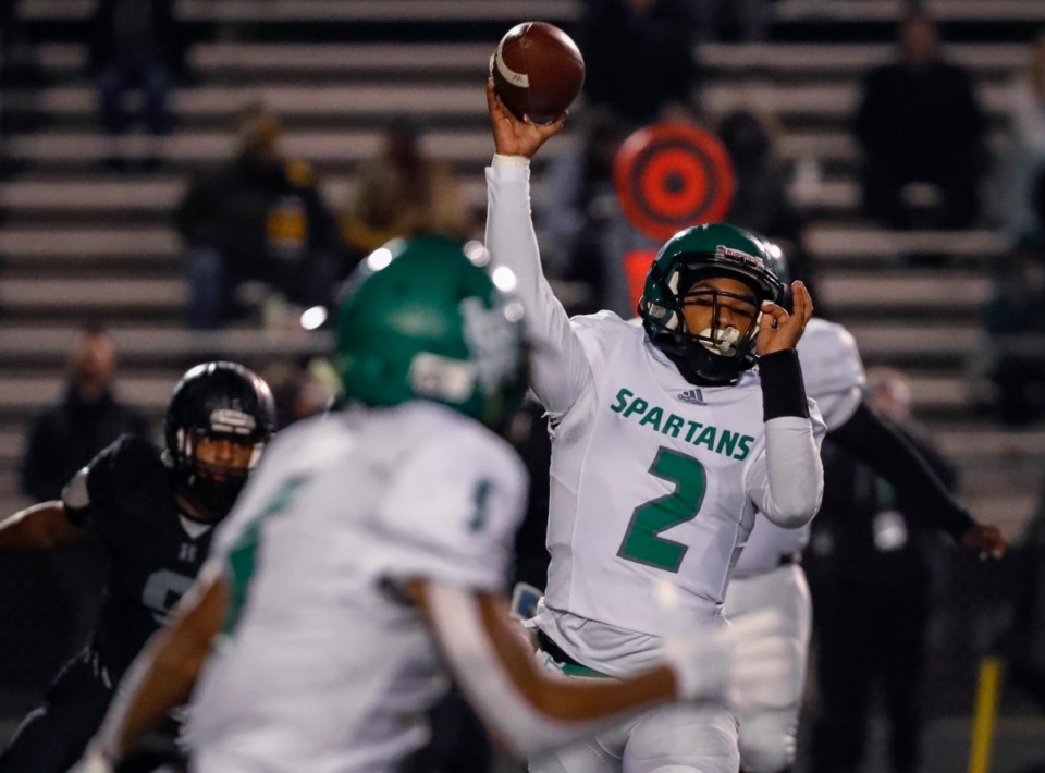 <strong>White Station quarterback Dwight Holmes II (right) makes a pass against Houston on Nov. 15, 2019. SCS schools like White Station will be idled by the announced season cancellation, while private schools and suburban schools like Houson will be unaffected.</strong> (Mark Weber/Daily Memphian)