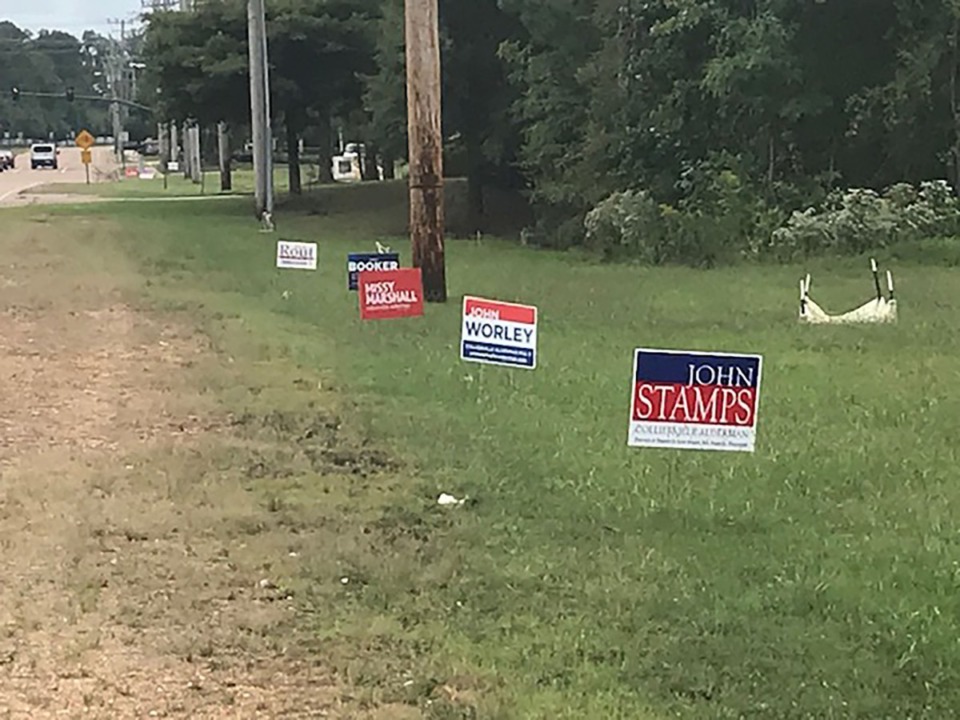 <strong>Candidates for offices in Collierville have competed for space along the west side of Houston Levee north of Wolf River Boulevard. Campaign signs are one way candidates get their names in front of voters, but also a point of contention when those signs somehow disappear.</strong> (Clay Bailey/Daily Memphian