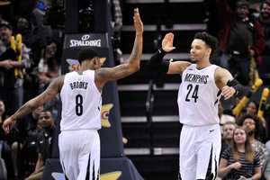 <span><strong>Memphis Grizzlies forward Dillon Brooks (24) and guard MarShon Brooks (8) high five each other during the second half of an NBA basketball game against the Sacramento Kings Friday, April 6, 2018, in Memphis, Tenn.</strong> (AP Photo/Brandon Dill)</span>