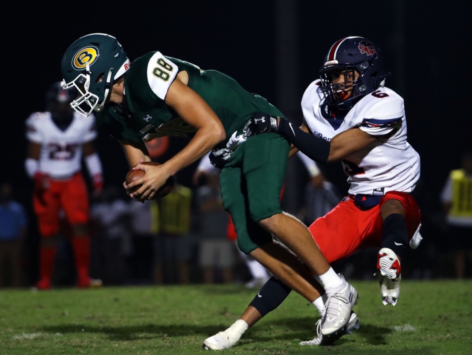 <strong>Briarcrest Christian School tight end Jace Yerty (88) fights for extra yards while being dragged down during a home game against St. Benedict at Auburndale on Sept. 18, 2020.</strong> (Patrick Lantrip/Daily Memphian)