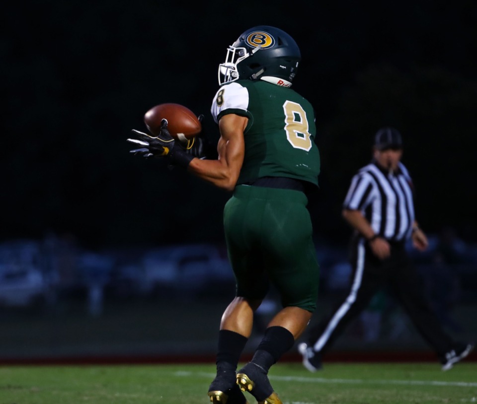 <strong>Briarcrest receiver Jerrod Gentry (8) completes a reception on his way to a touchdown against St. Benedict on Sept. 18, 2020.</strong> (Patrick Lantrip/Daily Memphian)