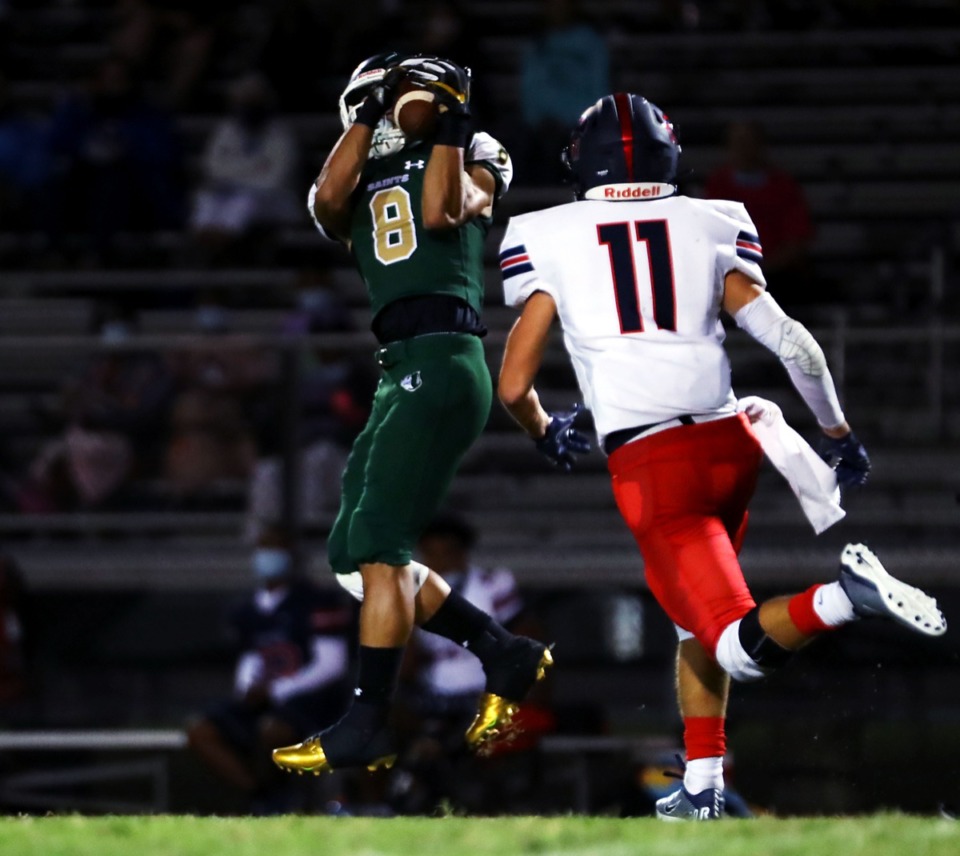 <strong>Briarcrest receiver Jerrod Gentry (8) makes a catch against St. Benedict Sept. 18, 2020.</strong> (Patrick Lantrip/Daily Memphian)