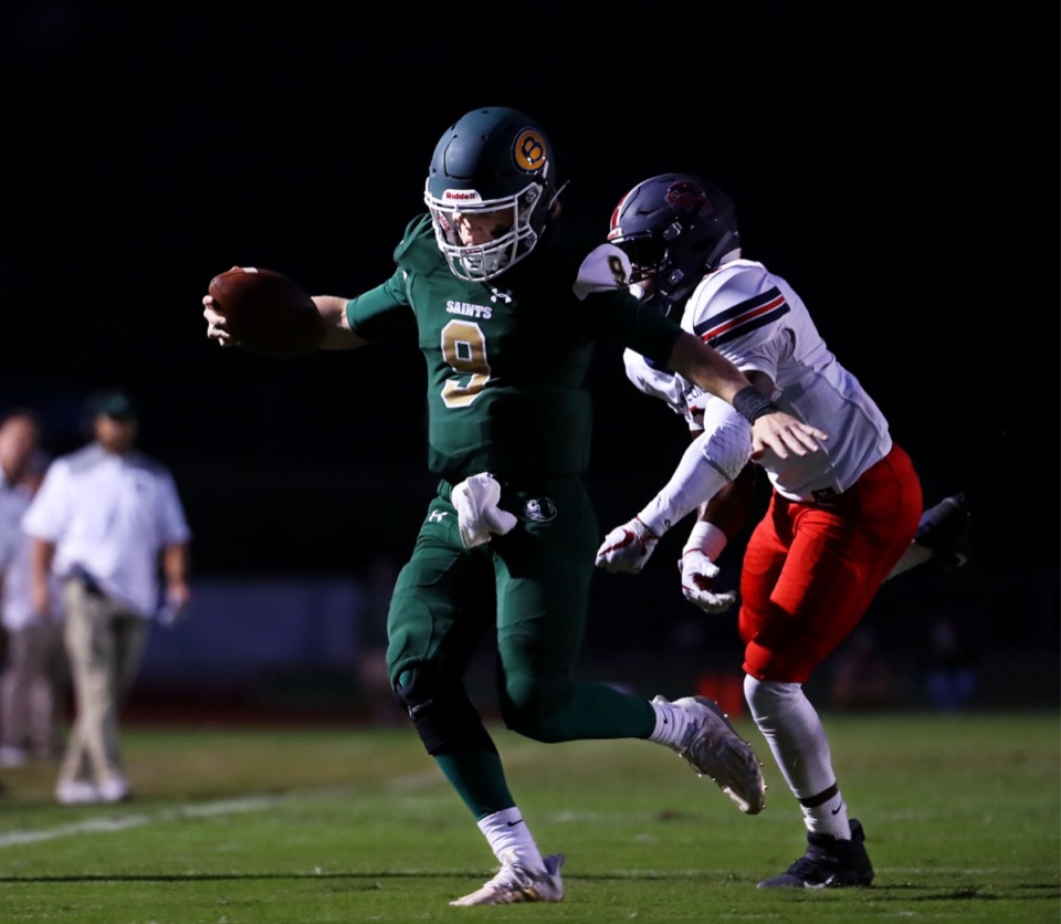 <strong>Briarcrest quarterback Michael Dallas scrambles for a first down during a home game against St. Benedict at Auburndale Sept. 18, 2020.</strong> (Patrick Lantrip/Daily Memphian)