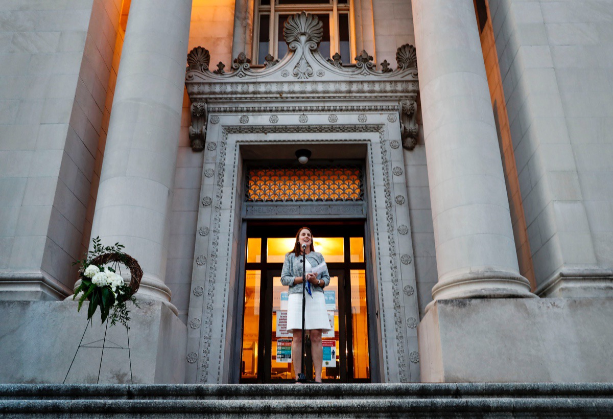 <strong>Cecil C. Humphreys School of Law Dean Katharine Schaffzin speaks during a memorial for the late Supreme Court Associate Justice Ruth Bader Ginsburg on Monday, Sept. 21, 2020, on the step of the Judge D&rsquo;Army Bailey Courthouse.</strong> (Mark Weber/The Daily Memphian)