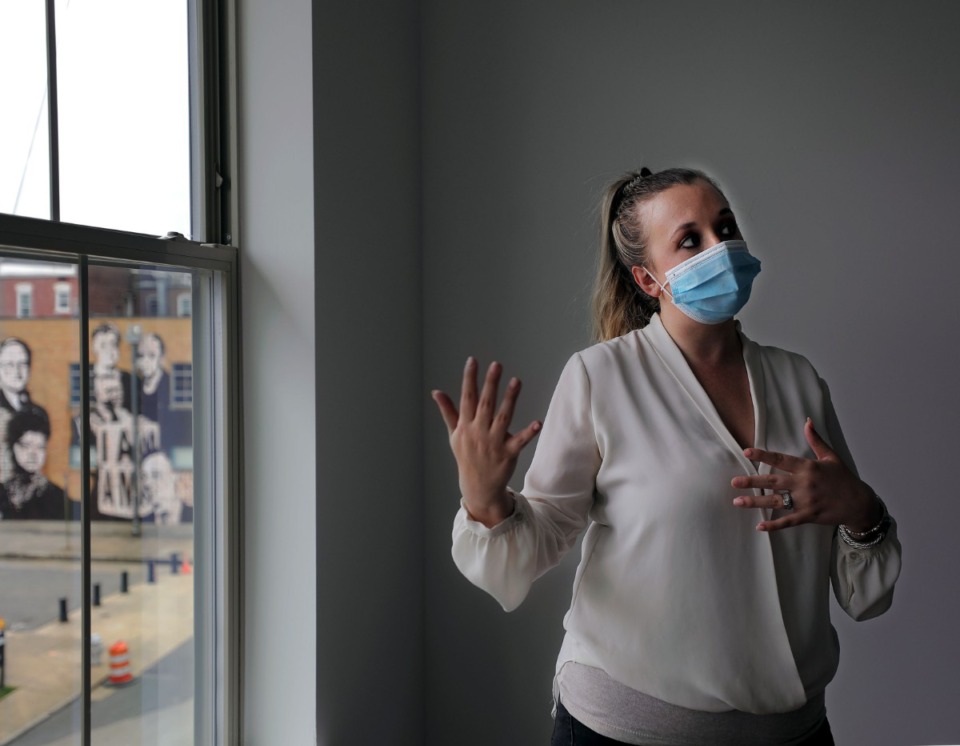 <strong>Katie Knight with Multi-South Management, talk about the Museum Lofts apartments proximity to the National Civil Rights Museum as a selling point during a Sept. 22, 2020, tour.</strong> (Patrick Lantrip/Daily Memphian)