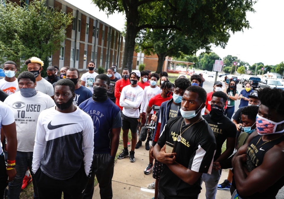 <strong>Nearly a hundred student athletes and parents stood outside Shelby County Schools building on Wednesday, Sept. 16, 2020, as they protested the district&rsquo;s decision to cancel fall sports.</strong> (Mark Weber/Daily Memphian)