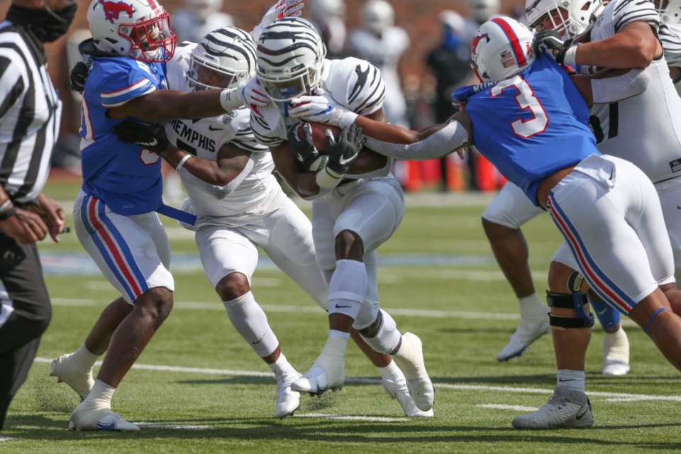 <strong>University of Memphis running back Marquavius Weaver (26) runs up the middle during the game against SMU Saturday, Oct. 3, 2020, in Dallas.</strong> (George Walker/University of Memphis)