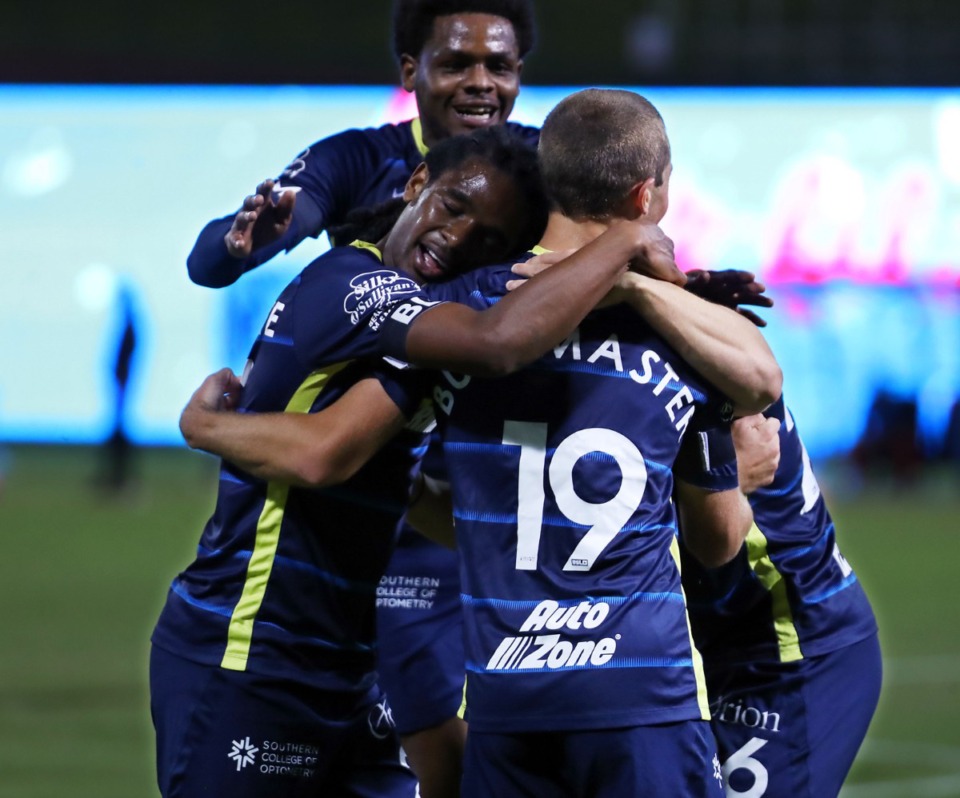 <strong>Memphis 901 FC players celebrate a goal during the last home game of the year against the Birmingham Legion Oct. 3, 2020.</strong> (Patrick Lantrip/Daily Memphian)