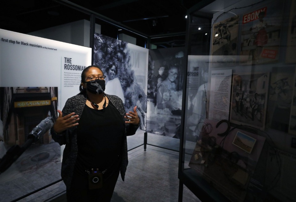 <strong>Noelle Trent, director of interpretation, collections and education with the National Civil Rights Museum, gives a tour of a Smithsonian traveling exhibit on the Green Book Oct. 2, 2020.</strong> (Patrick Lantrip/Daily Memphian)