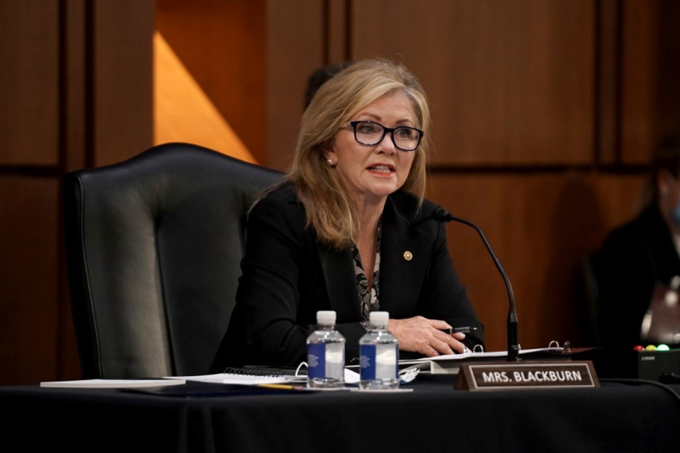 <strong>Sen. Marsha Blackburn, R-Tenn., makes an opening statement during the Senate Judiciary Committee confirmation hearing of President Donald Trump's Supreme Court nominee Judge Amy Coney Barrett on Monday, Oct. 12, 2020.</strong> (Greg Nash/Pool via AP)