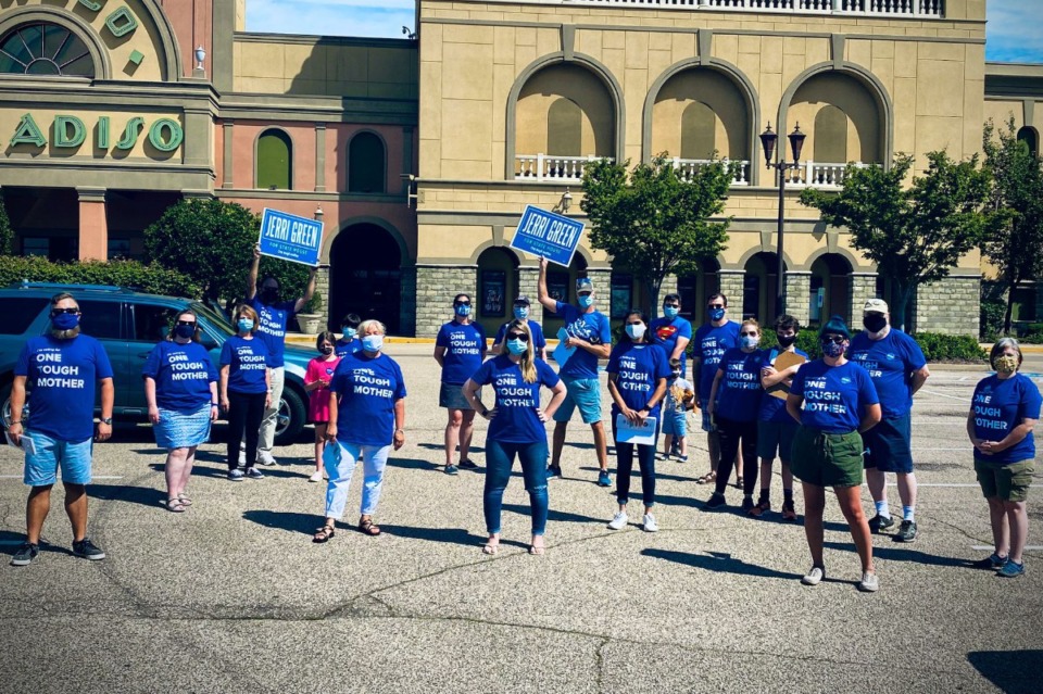 <strong>Democratic candidate Jerri Green (front center) gathers with volunteers in September to distribute campaign literature. Green is seeking to unseat state Rep. Mark White, a Republican who chairs the House Education Committee.</strong> (Courtesy of Jerri Green)