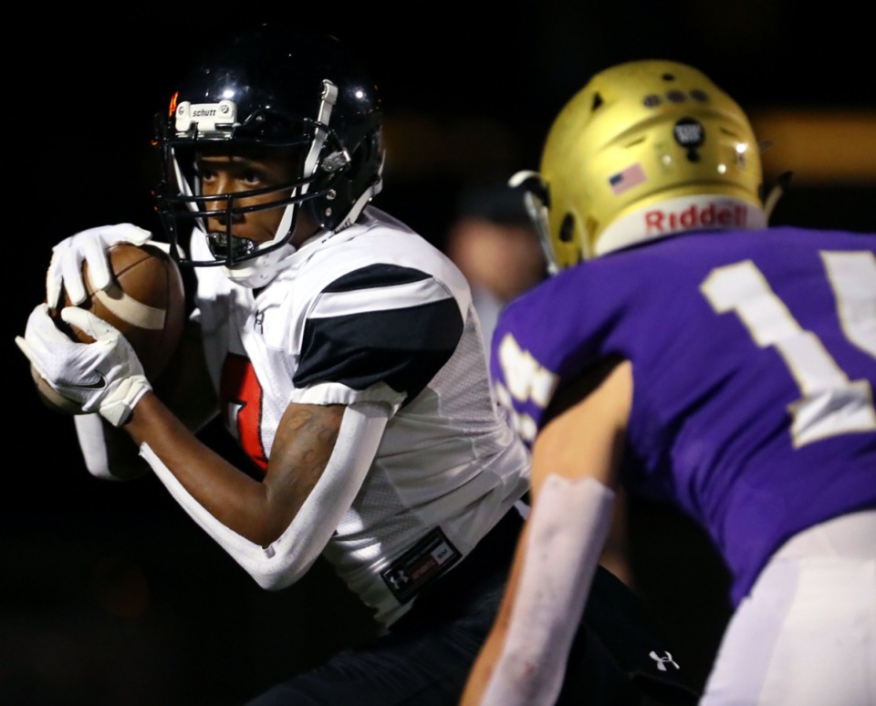 <strong>PURE receiver Tyler Shaw (2) hauls in a reception during an Oct. 16, 2020, game at CBHS.</strong> (Patrick Lantrip/Daily Memphian)