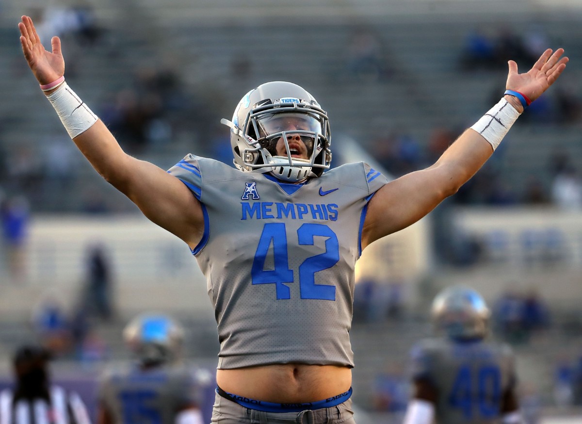 <strong>University of Memphis long snapper Preston Brady (42) celebrates while watching a special teams repay during an Oct. 17, 2020 game against University of Central Florida at Liberty Bowl Memorial Stadium.</strong> (Patrick Lantrip/Daily Memphian)