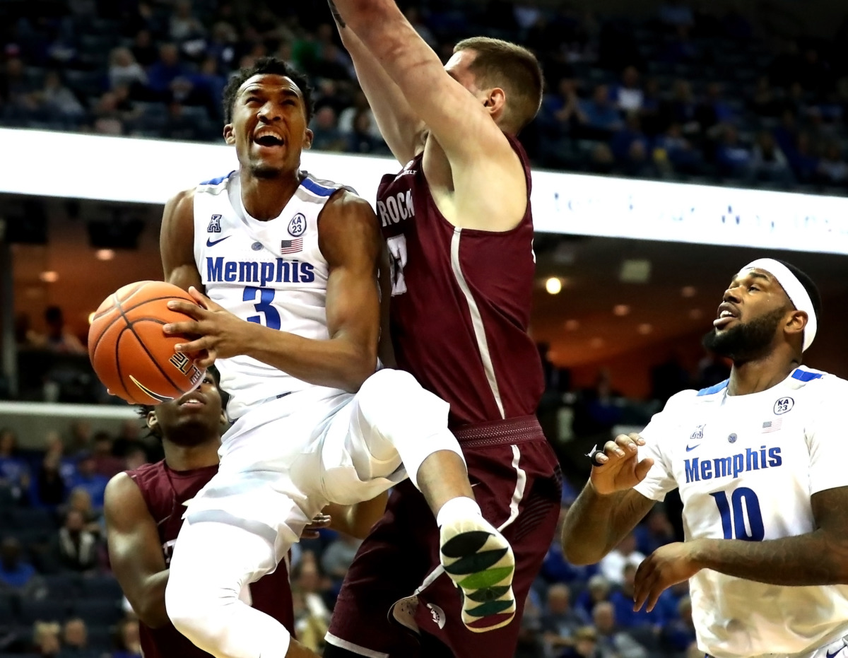 <strong>University of Memphis guard Jeremiah Martin (3) drives to the basket in a college basketball game against the Little Rock Trojans on Wednesday, Dec. 19, 2018, at FedExForum in Memphis.</strong> (Houston Cofield/Daily Memphian)