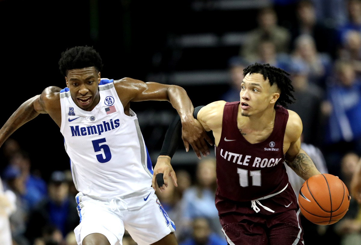 <strong>University of Memphis guard Kareem Brewton Jr. (5) sprints down the court as he covers Little Rock Trojans guard Jaizec Lottie (11) in a game on Wednesday, Dec. 19, 2018, at FedExForum in Memphis.</strong> (Houston Cofield/Daily Memphian)